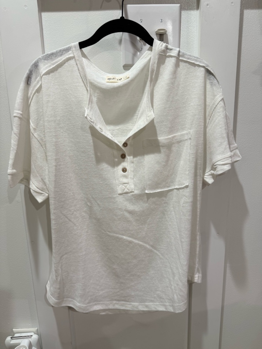 New In White Henley Top with Button Placket